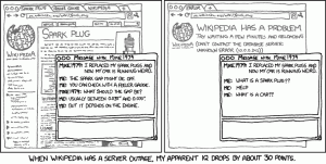 Un comic d'XKCD où le QI apparent baisse lorsque la personne n'a plus accès à Wikipédia.